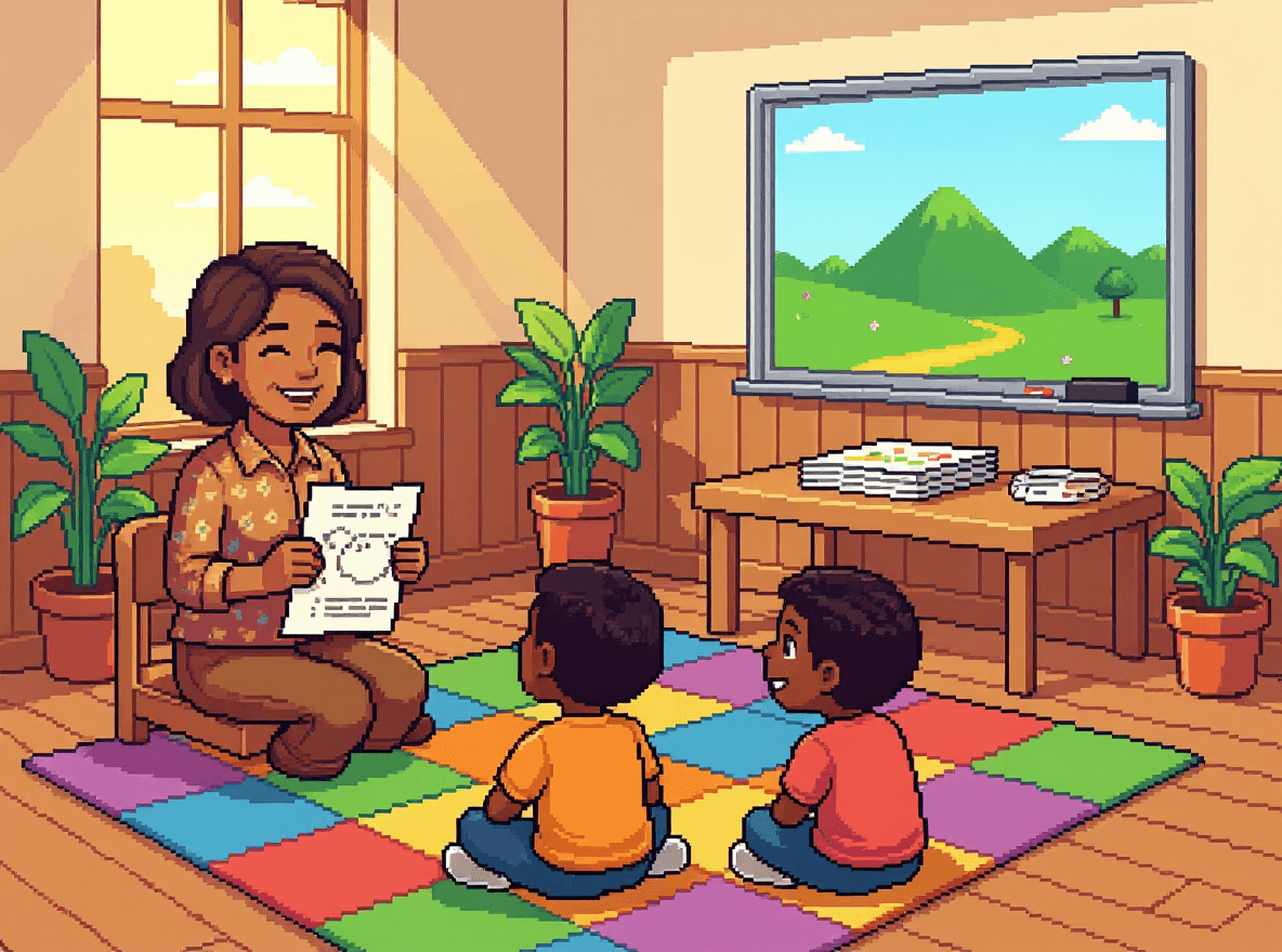 A Sunday school leader teaching a small group with an episode on screen