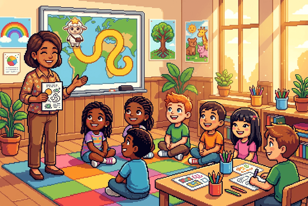 A Sunday school class watching an episode together with printed activity sheets