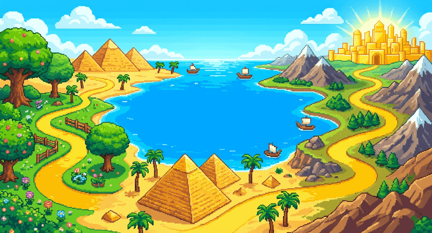 The journey — a garden, the ark, the pyramids, the parted sea and the golden city