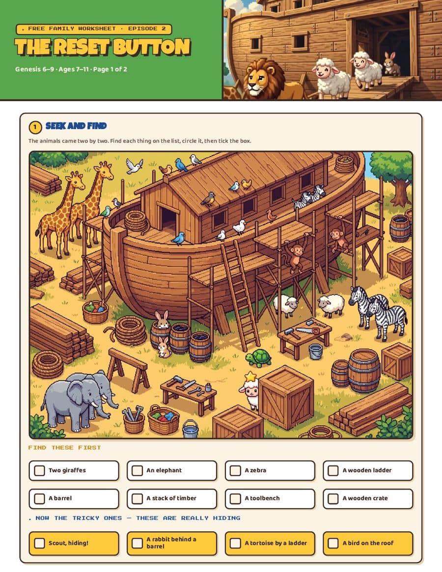 Page one of the free family worksheet for The Reset Button — a seek-and-find, a word search and a memory verse