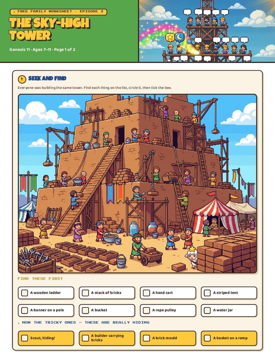 Page one of the free family worksheet for The Sky-High Tower — a seek-and-find, a word search and a memory verse