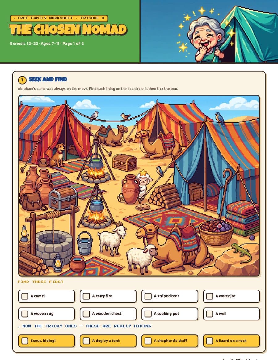 Page one of the free family worksheet for The Chosen Nomad — a seek-and-find, a word search and a memory verse
