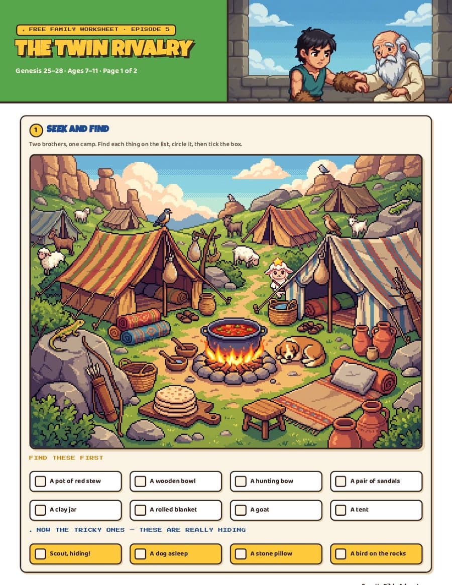 Page one of the free family worksheet for The Twin Rivalry — a seek-and-find, a word search and a memory verse