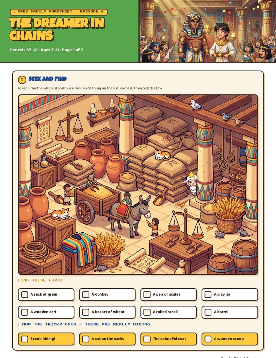 Page one of the free family worksheet for The Dreamer in Chains — a seek-and-find, a word search and a memory verse
