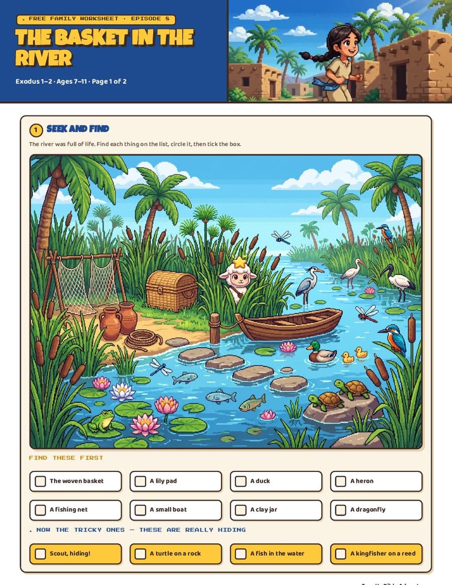 Page one of the free family worksheet for The Basket in the River — a seek-and-find, a word search and a memory verse