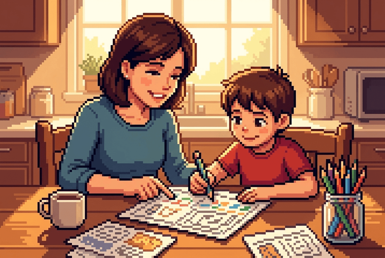A mother and her child filling in a printable worksheet together at the kitchen table